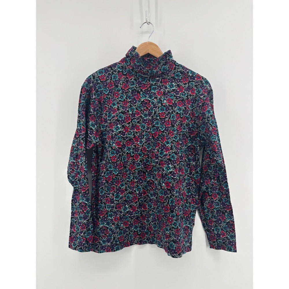 LL Bean T-Shirt Womens Multicolor Floral Mock Neck Long Sleeve Large Vintage